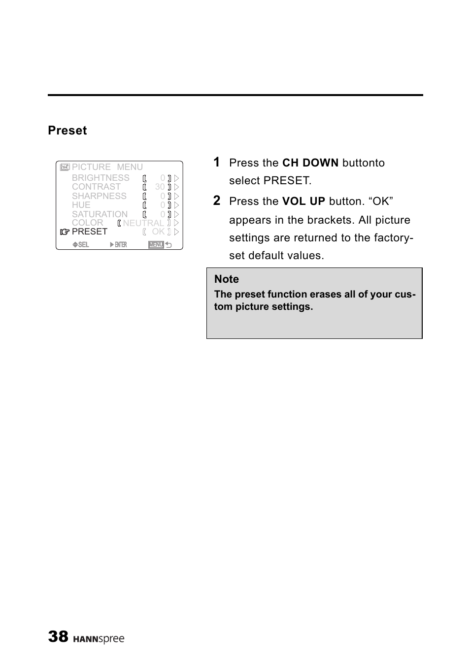 Preset, Press the ch down buttonto select preset | HANNspree 9.6" LIQUID CRYSTAL DISPLAY ST08-10A1 User Manual | Page 39 / 56