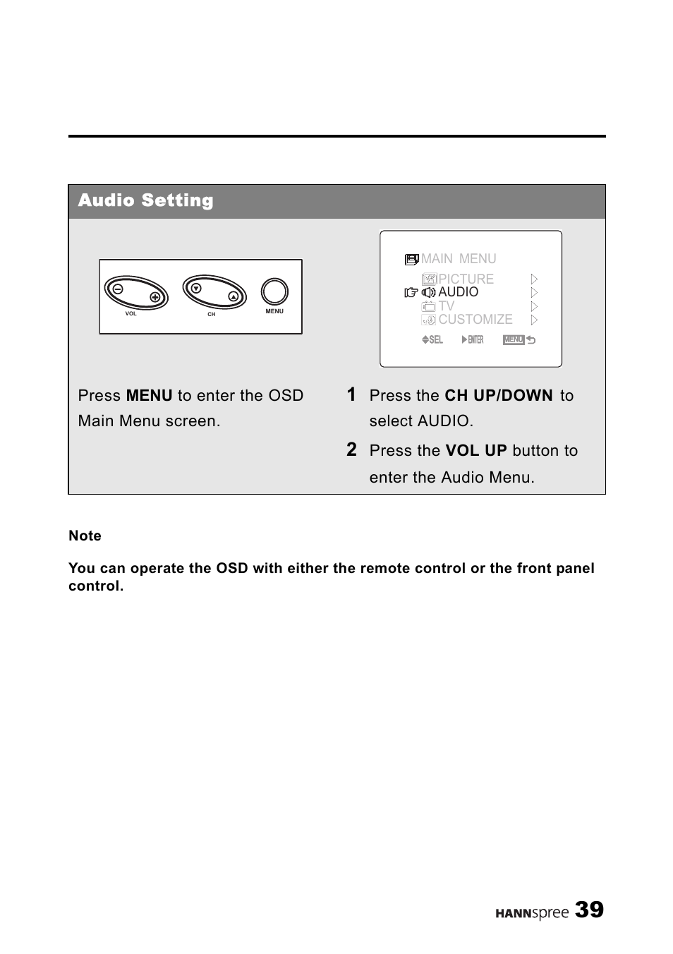 Audio setting, Press menu to enter the osd main menu screen, Press the ch up/down | Press the vol up button to enter the audio menu | HANNspree 9.6" LIQUID CRYSTAL DISPLAY ST08-10A1 User Manual | Page 40 / 56