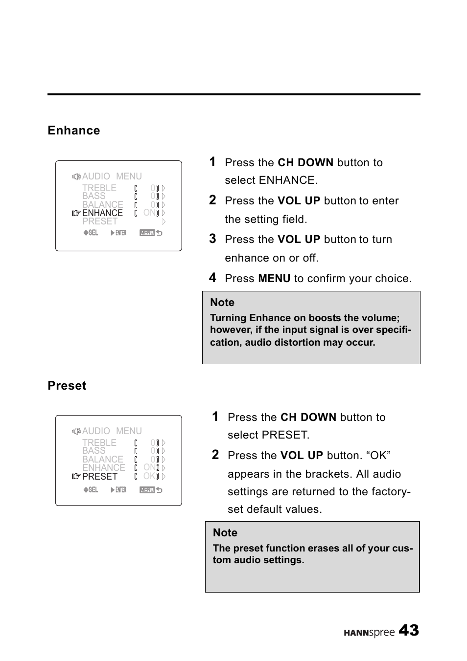 Enhance, Preset, Enhance preset | Press the ch down button to select enhance, Press the vol up button, Press menu to confirm your choice, Press the ch down button to select preset | HANNspree 9.6" LIQUID CRYSTAL DISPLAY ST08-10A1 User Manual | Page 44 / 56