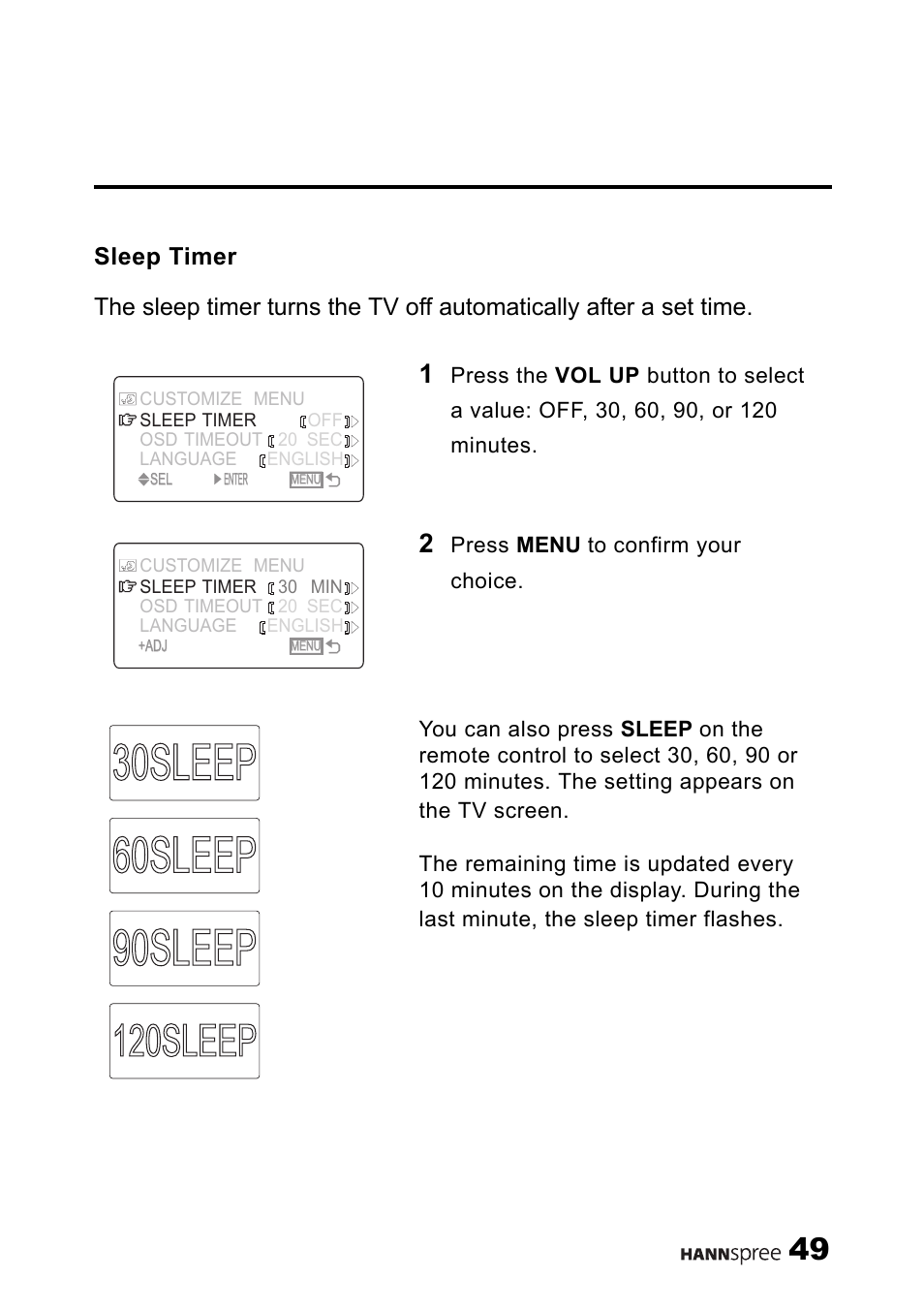 Sleep timer, 120sleep | HANNspree 9.6" LIQUID CRYSTAL DISPLAY ST08-10A1 User Manual | Page 50 / 56