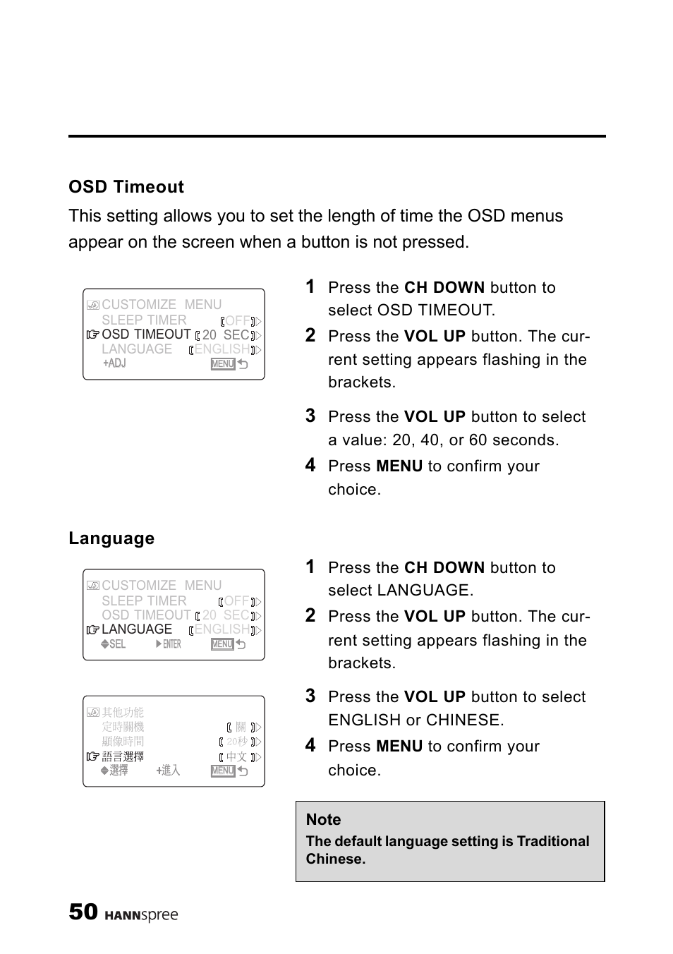Osd timeout, Language, Osd timeout language | HANNspree 9.6" LIQUID CRYSTAL DISPLAY ST08-10A1 User Manual | Page 51 / 56