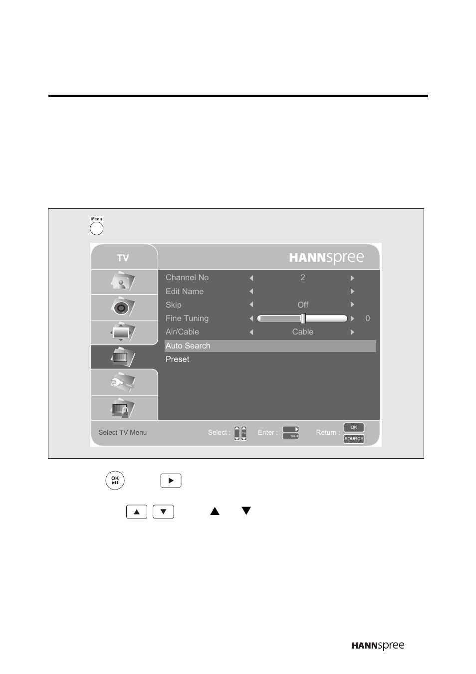 2 searching for digital channels, Searching for digital channels, Press or the button to enter the tv menu | HANNspree LT16-26U1-000 User Manual | Page 58 / 101