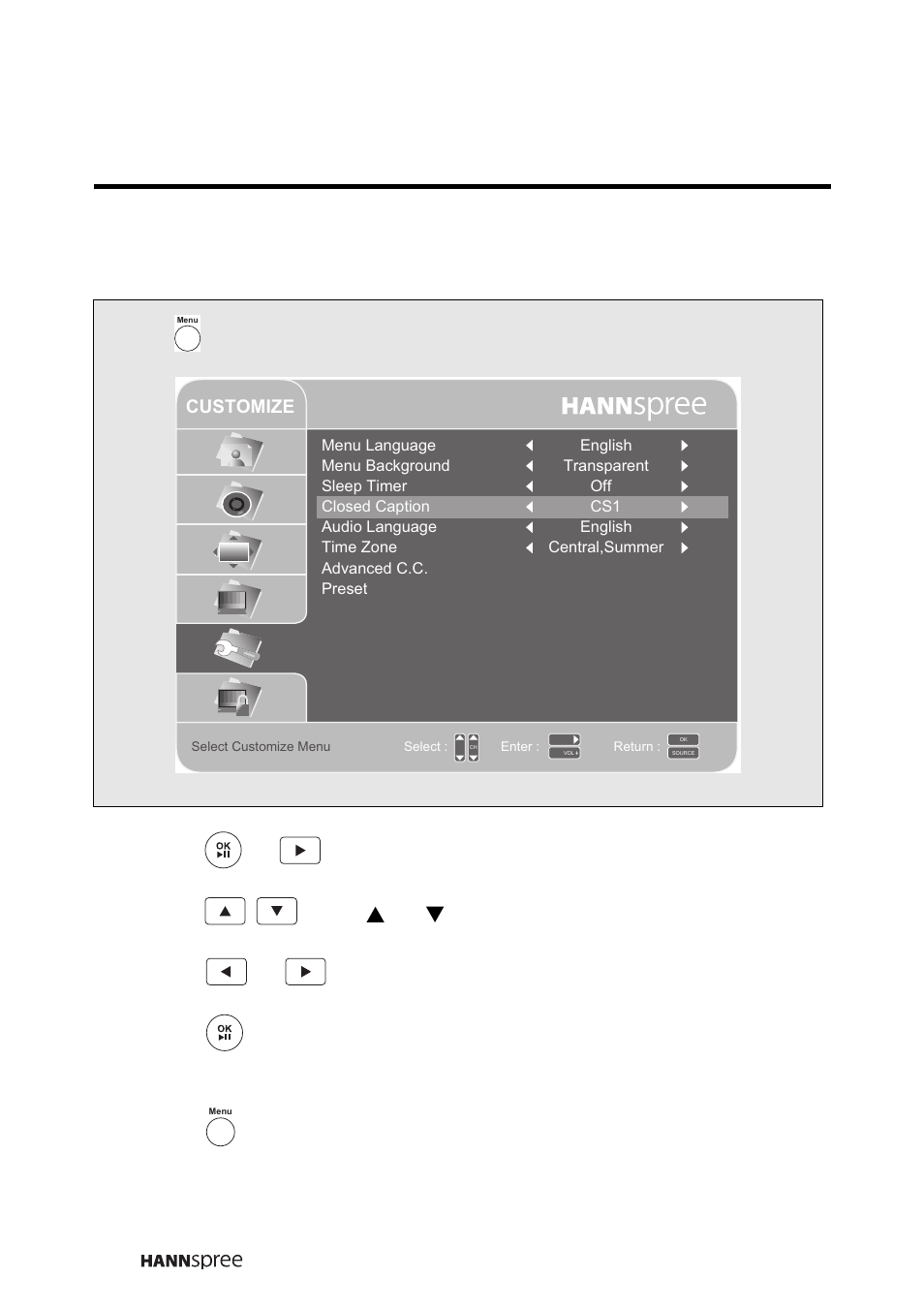 3 digital customize settings, Digital customize settings, Press to enter the osd main menu screen | Press or to enter the customize menu, Press or ch s/ ch t button to select an option, Press or to change the mode setting, Press to exit the customize menu | HANNspree LT16-26U1-000 User Manual | Page 63 / 101