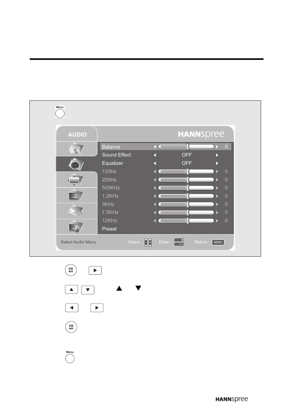 3 adjusting audio settings, Press to enter the osd main menu screen, Press or to enter the audio menu | Press or ch s/ ch t button to select an option, Press or button to change the mode setting, Press to exit the audio menu | HANNspree LT16-26U1-000 User Manual | Page 76 / 101
