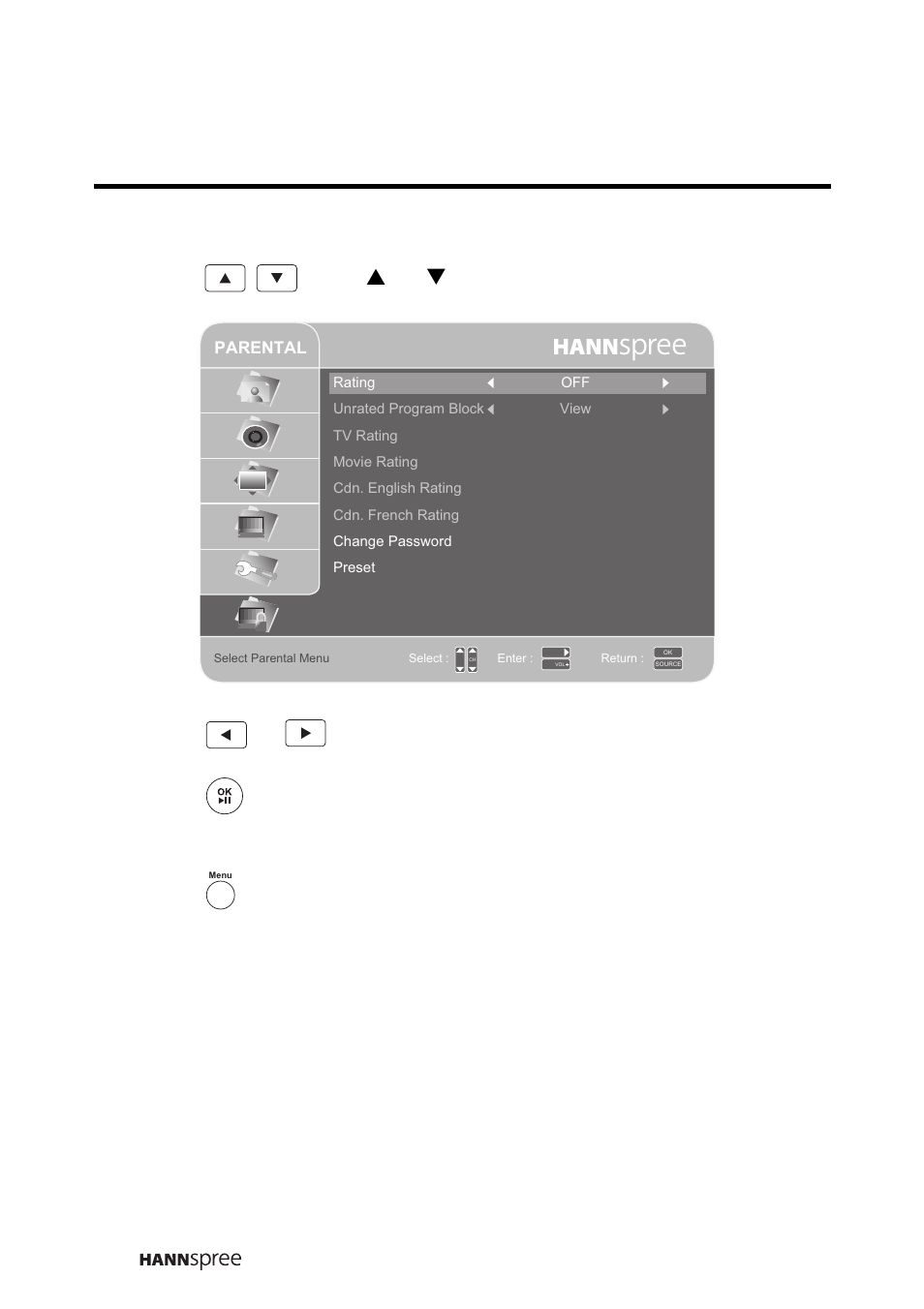 Press or ch s/ ch t button to select an option, Press or to change the mode setting, Press to exit the parental menu | HANNspree LT16-26U1-000 User Manual | Page 85 / 101