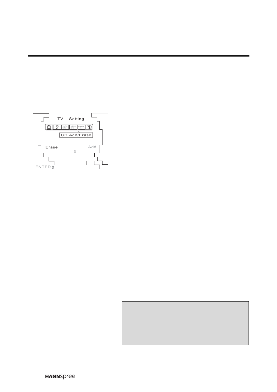 Channel add/erase, Add channel 1, Erase channel 1 | When you return to the normal tv screen and use | HANNspree F651-12A1 User Manual | Page 49 / 62