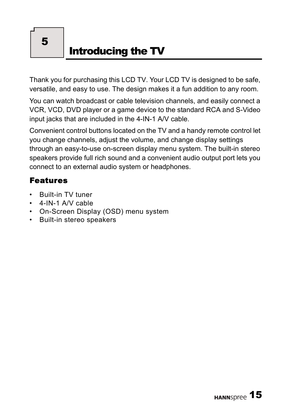 Features, Introducing the tv, 5introducing the tv | HANNspree F651-12U1-000 User Manual | Page 16 / 63