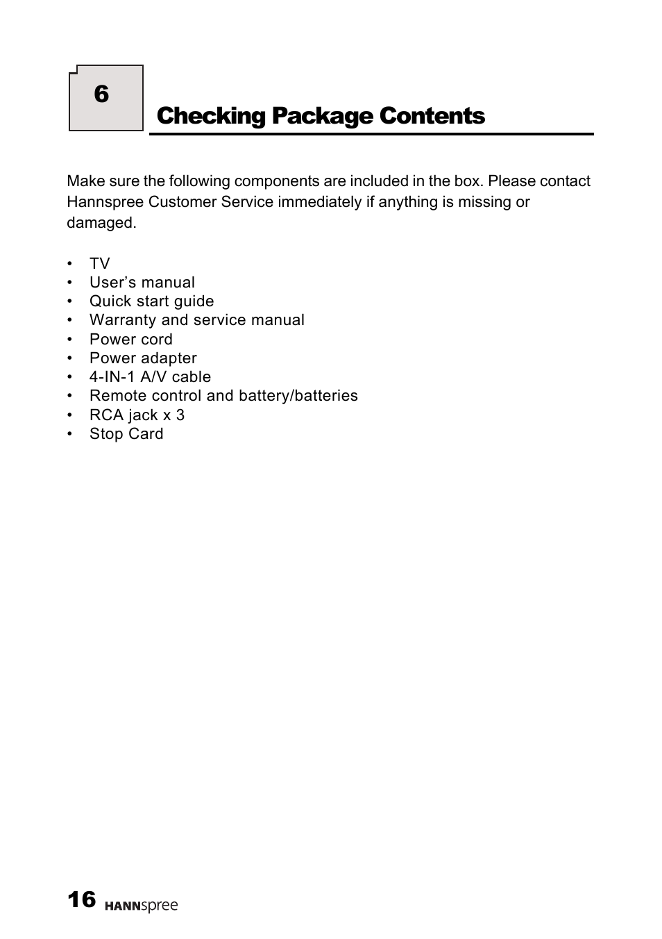 Checking package contents, 6checking package contents | HANNspree F651-12U1-000 User Manual | Page 17 / 63