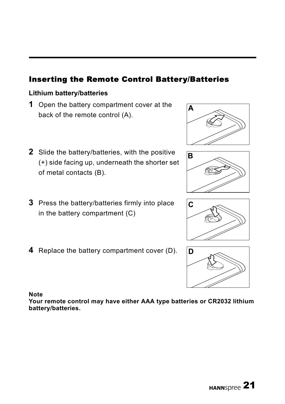 Inserting the remote control battery/batteries | HANNspree F651-12U1-000 User Manual | Page 22 / 63