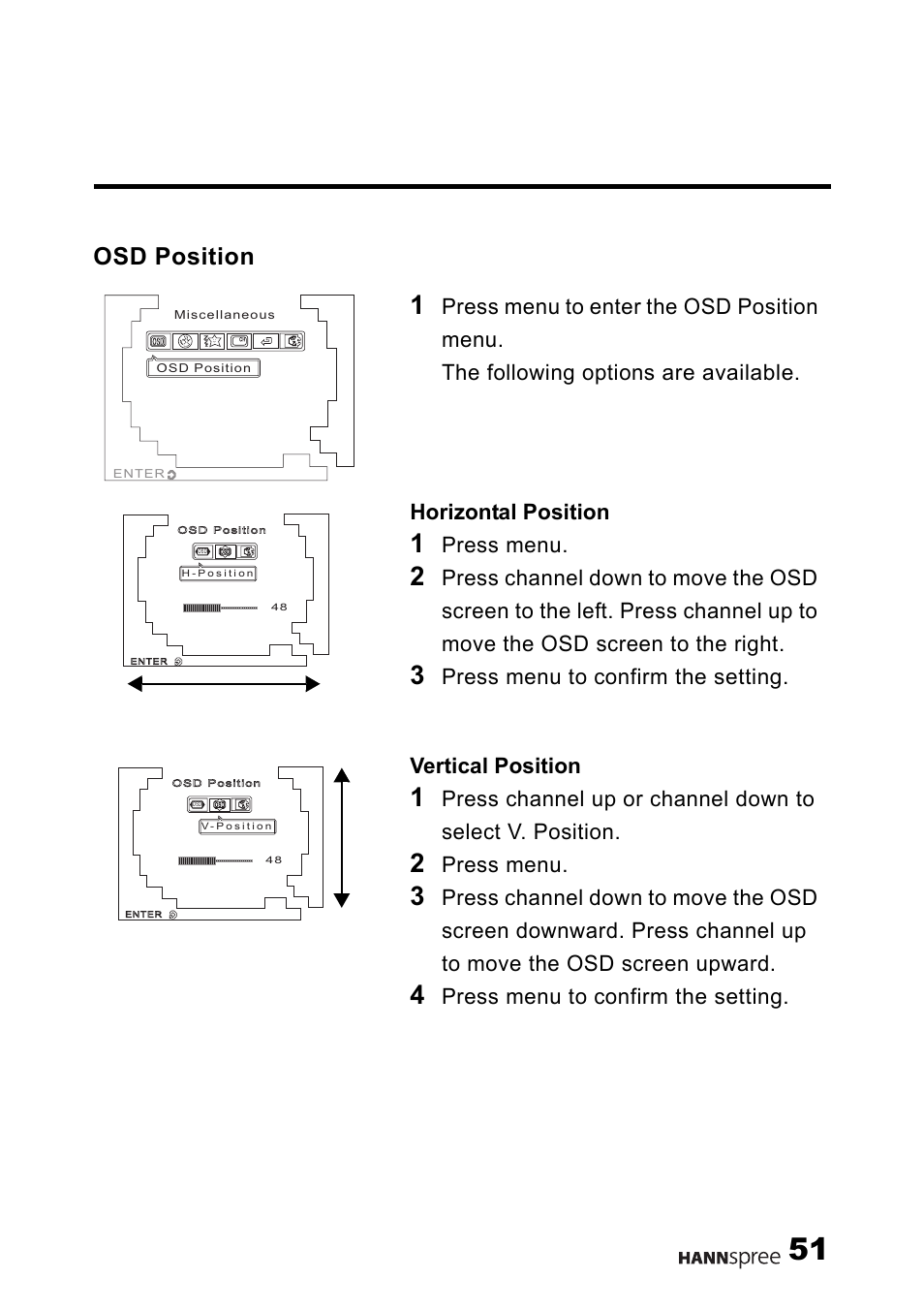 Osd position, Press menu, Press menu to confirm the setting | HANNspree F651-12U1-000 User Manual | Page 52 / 63