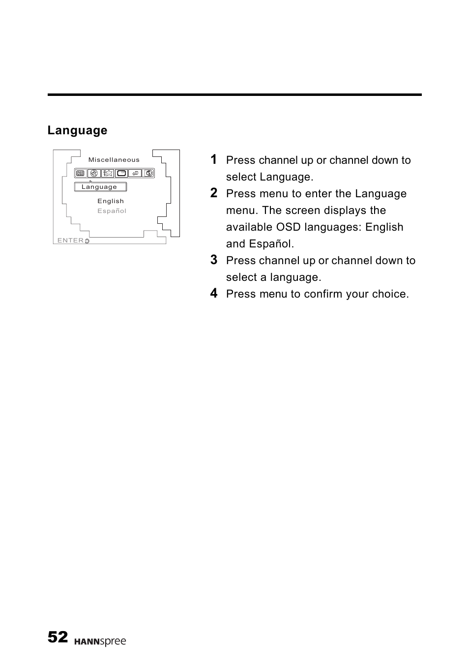 Language, Press menu to confirm your choice | HANNspree F651-12U1-000 User Manual | Page 53 / 63