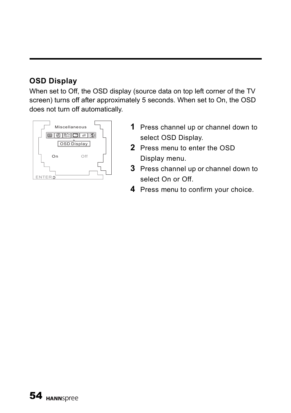 Osd display, Press menu to enter the osd display menu, Press menu to confirm your choice | HANNspree F651-12U1-000 User Manual | Page 55 / 63