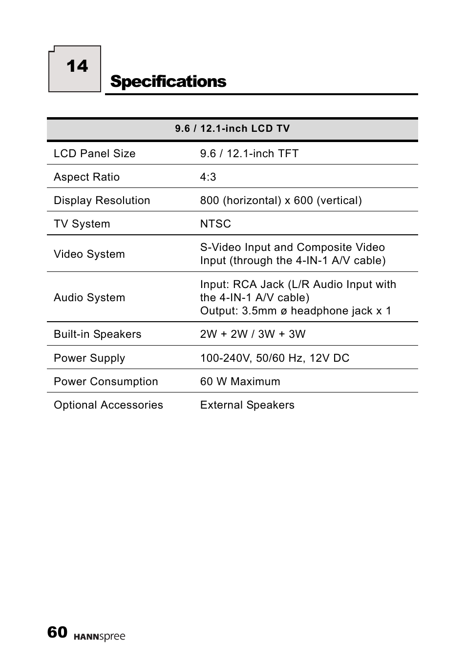 Specifications, 14 specifications | HANNspree F651-12U1-000 User Manual | Page 61 / 63