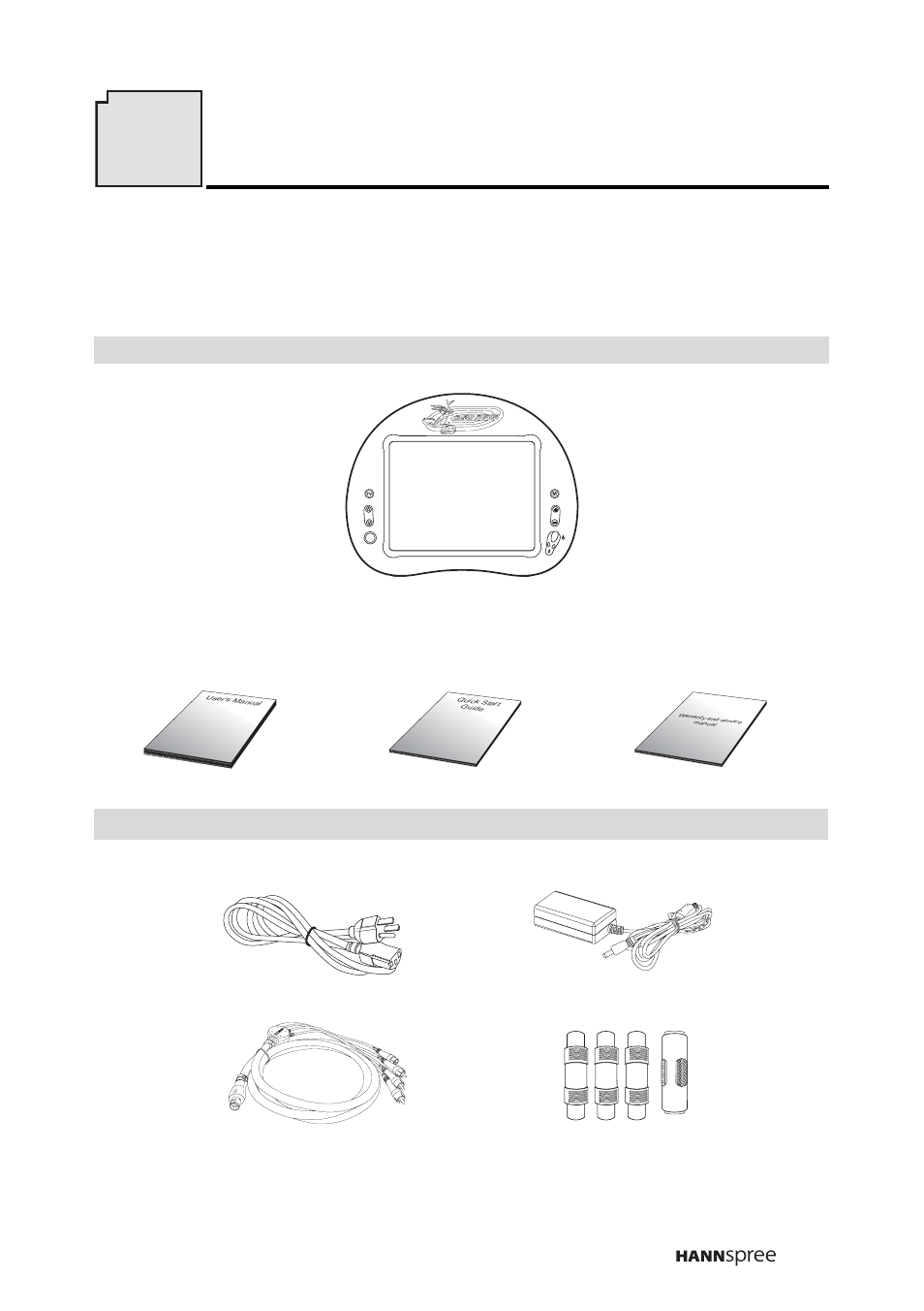 Checking package contents, Checking package contents 7, Power cord power adapter 4-in-1 cable | Rca jack x 3 s jack x 1 warranty and service, Manual | HANNspree LIQUID CRYSTAL DISPLAY WT04-12A1 User Manual | Page 18 / 60