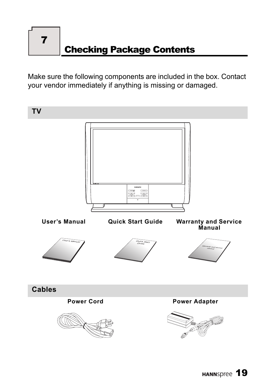 Checking package contents, Cables, Power cord power adapter | HANNspree LT13-23A1 User Manual | Page 20 / 81