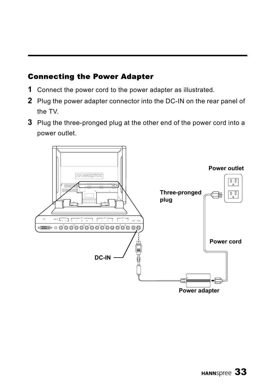 Connecting the power adapter | HANNspree LT13-23A1 User Manual | Page 34 / 81