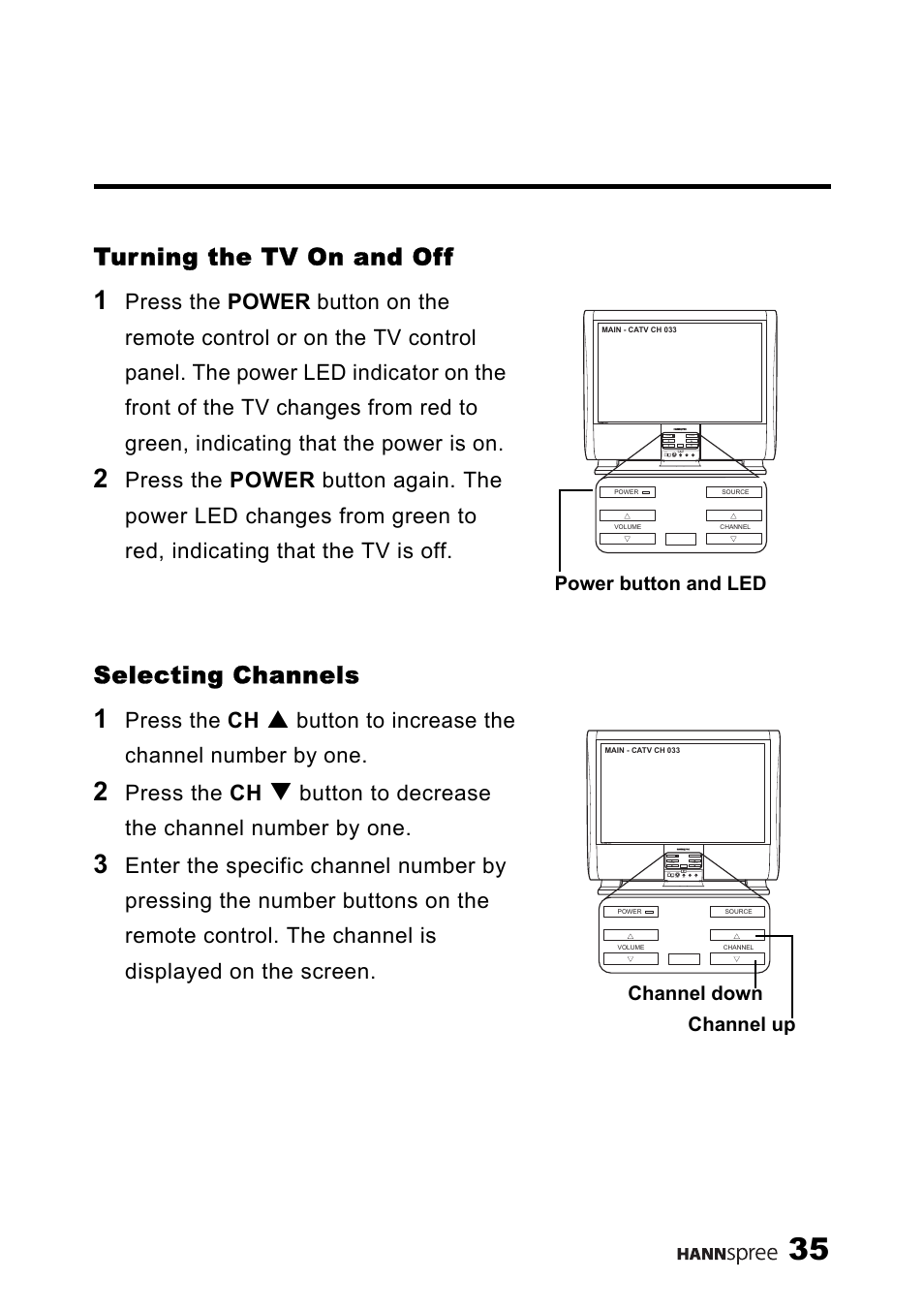 Turning the tv on and off, Selecting channels, Turning the tv on and off selecting channels | Press the ch, Button to increase the channel number by one, Button to decrease the channel number by one | HANNspree LT13-23A1 User Manual | Page 36 / 81