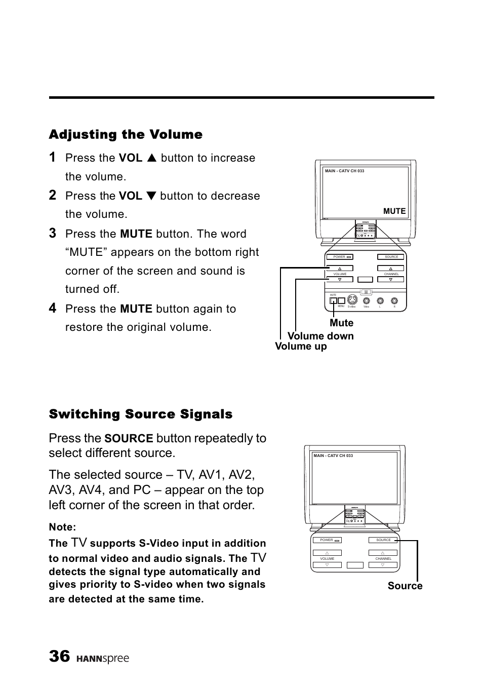 Adjusting the volume, Switching source signals, Adjusting the volume switching source signals | Switching source signals press the, Press the vol s button to increase the volume, Press the vol t button to decrease the volume, Source, Volume up volume down mute source | HANNspree LT13-23A1 User Manual | Page 37 / 81