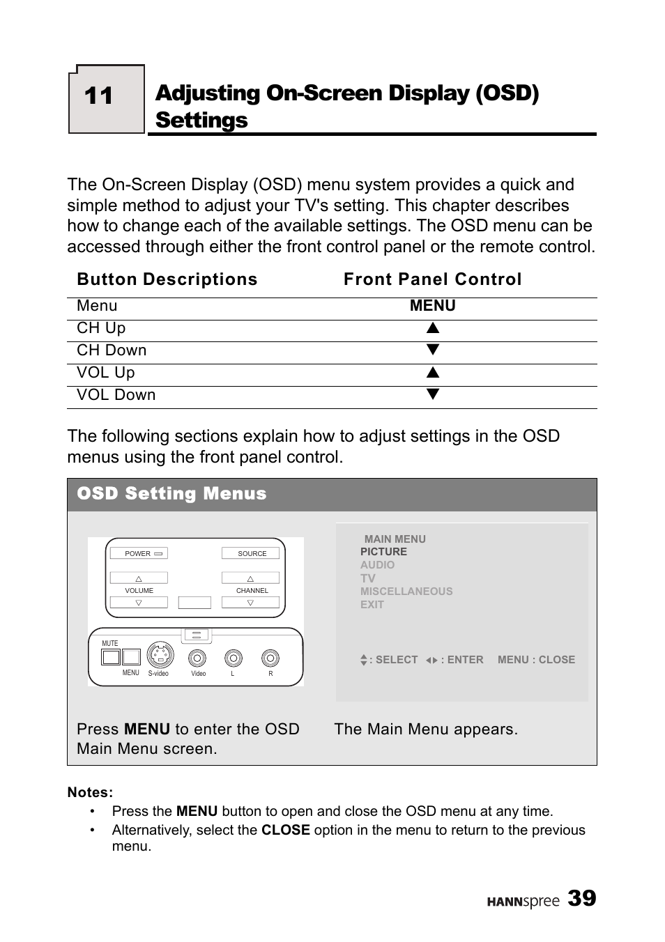 Adjusting on-screen display (osd) settings, Osd setting menus, Button descriptions front panel control | HANNspree LT13-23A1 User Manual | Page 40 / 81