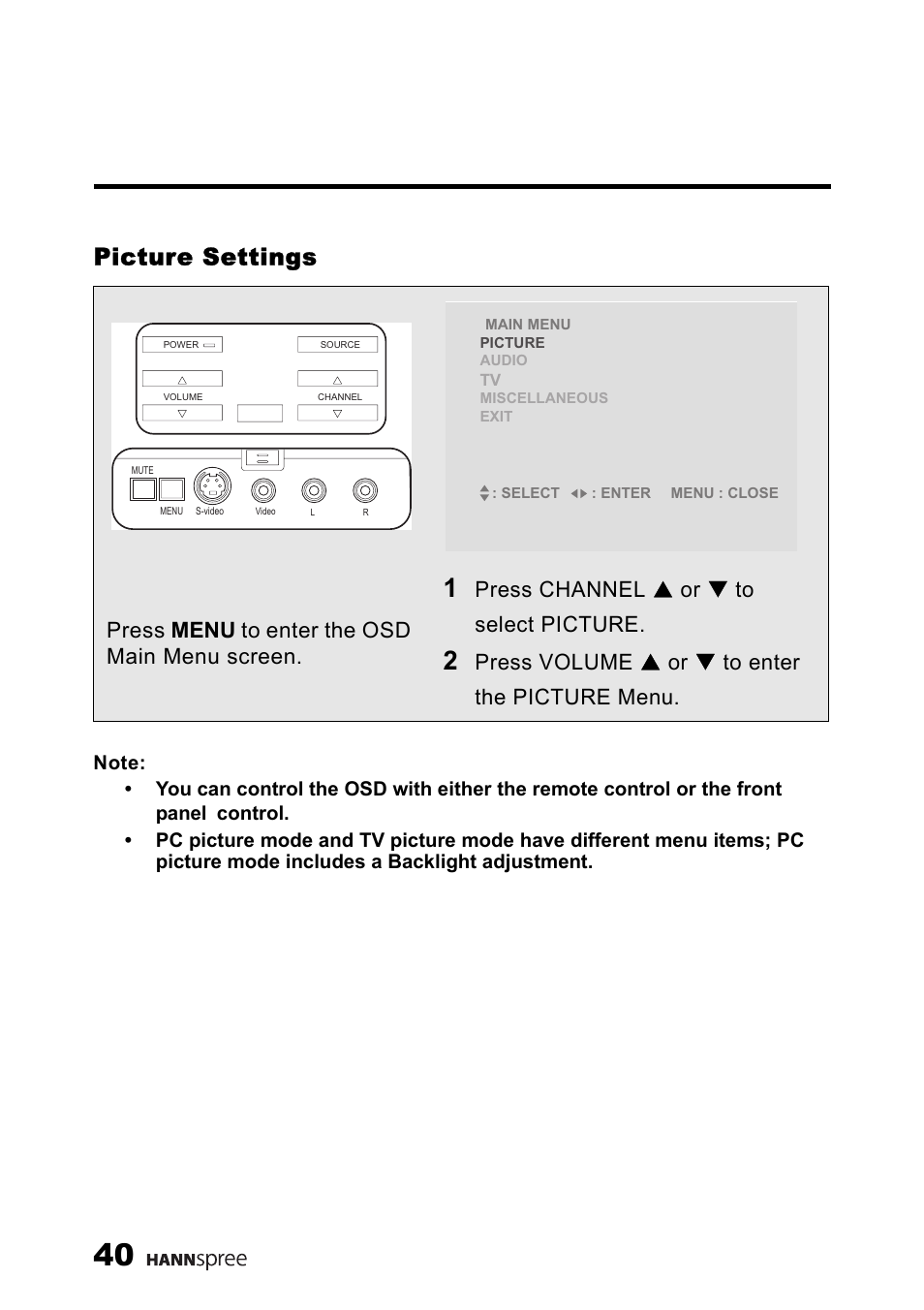 Picture settings, Press menu to enter the osd main menu screen, Press channel s or t to select picture | Press volume s or t to enter the picture menu | HANNspree LT13-23A1 User Manual | Page 41 / 81