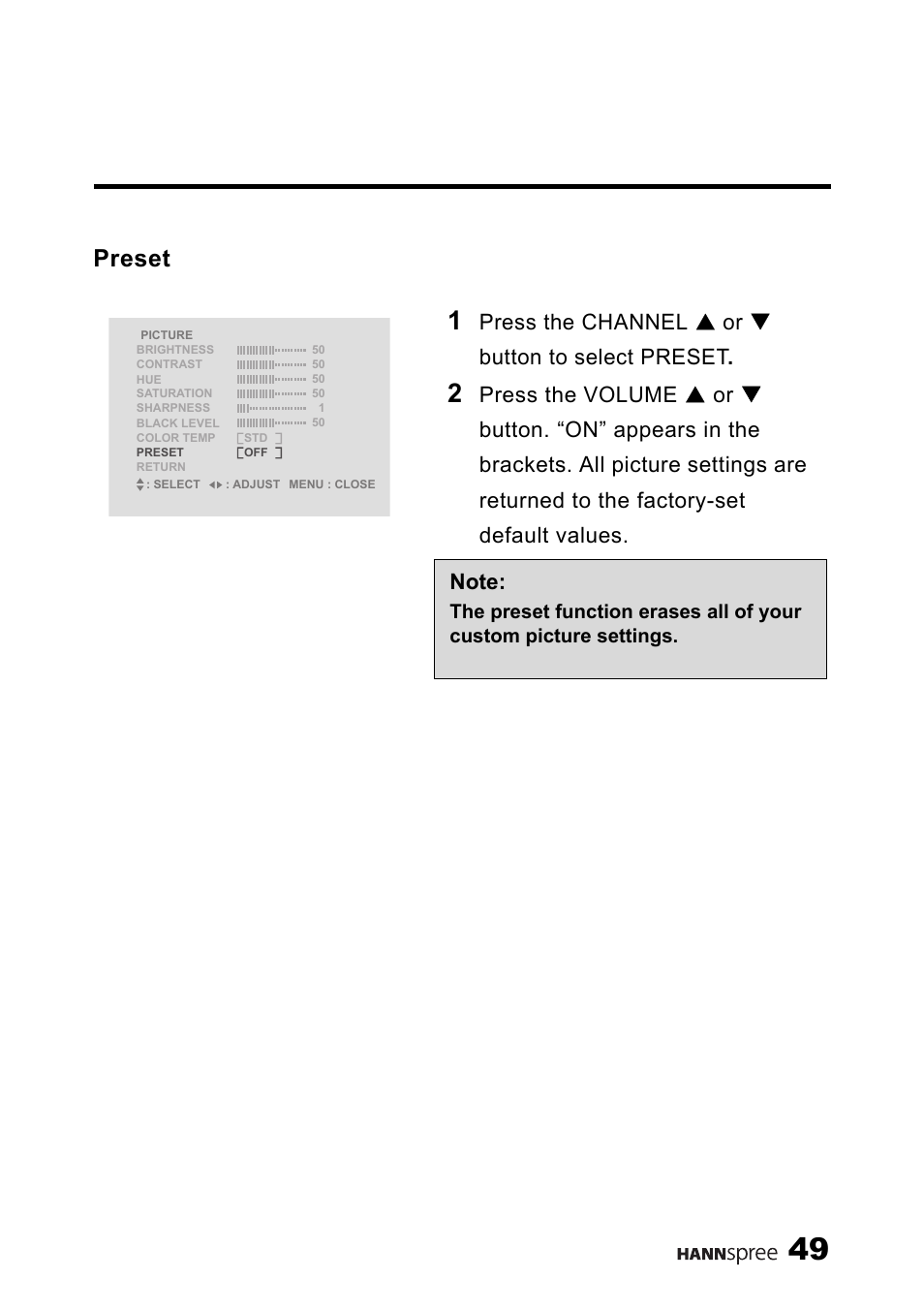 Preset, Press the channel s or t button to select preset | HANNspree LT13-23A1 User Manual | Page 50 / 81