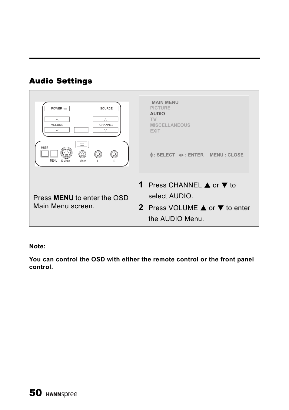 Audio settings, Press menu to enter the osd main menu screen, Press channel s or t to select audio | Press volume s or t to enter the audio menu | HANNspree LT13-23A1 User Manual | Page 51 / 81