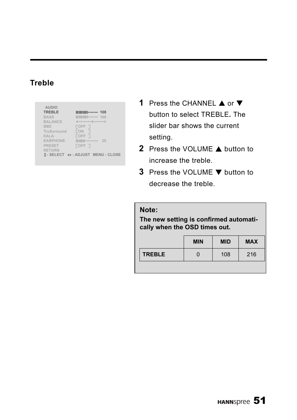 Treble, Press the volume s button to increase the treble, Press the volume t button to decrease the treble | HANNspree LT13-23A1 User Manual | Page 52 / 81