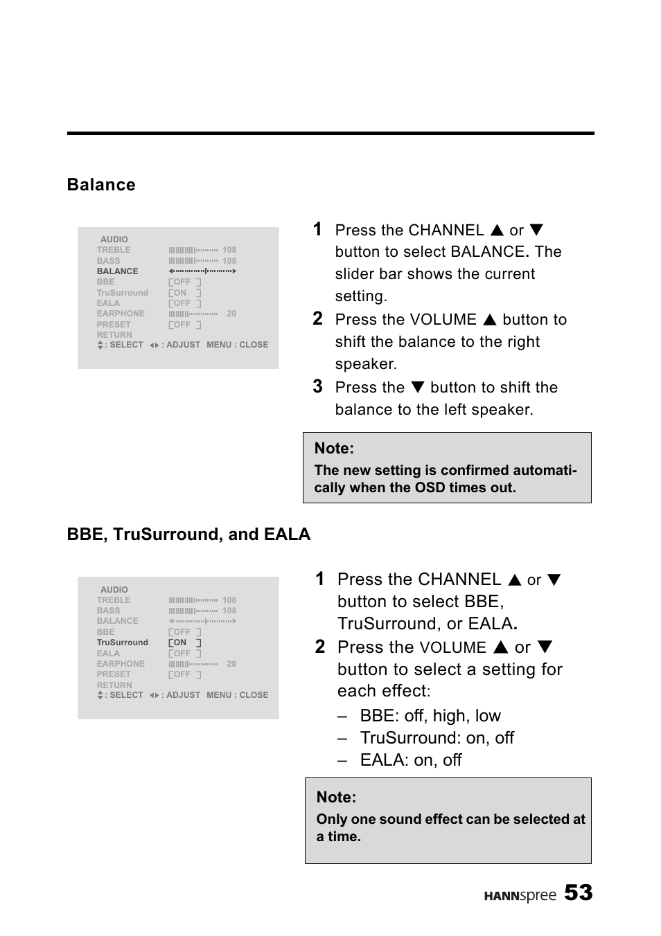 Balance, Bbe, trusurround, and eala, Balance bbe, trusurround, and eala | Press the channel, Button to select bbe, trusurround, or eala, Press the, S or t button to select a setting for each effect, S or t, Volume | HANNspree LT13-23A1 User Manual | Page 54 / 81