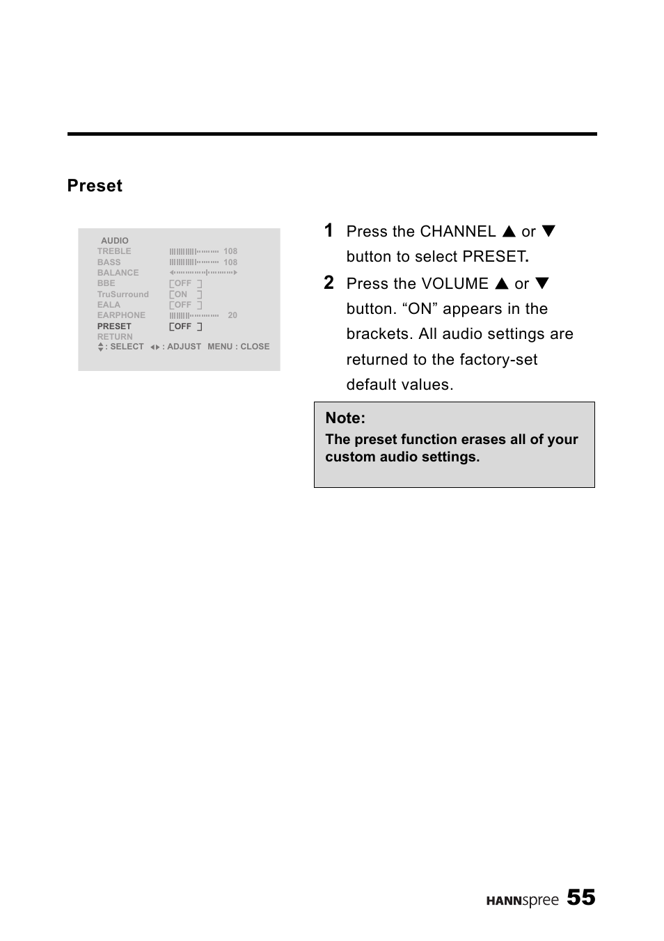 Preset, Press the channel s or t button to select preset | HANNspree LT13-23A1 User Manual | Page 56 / 81