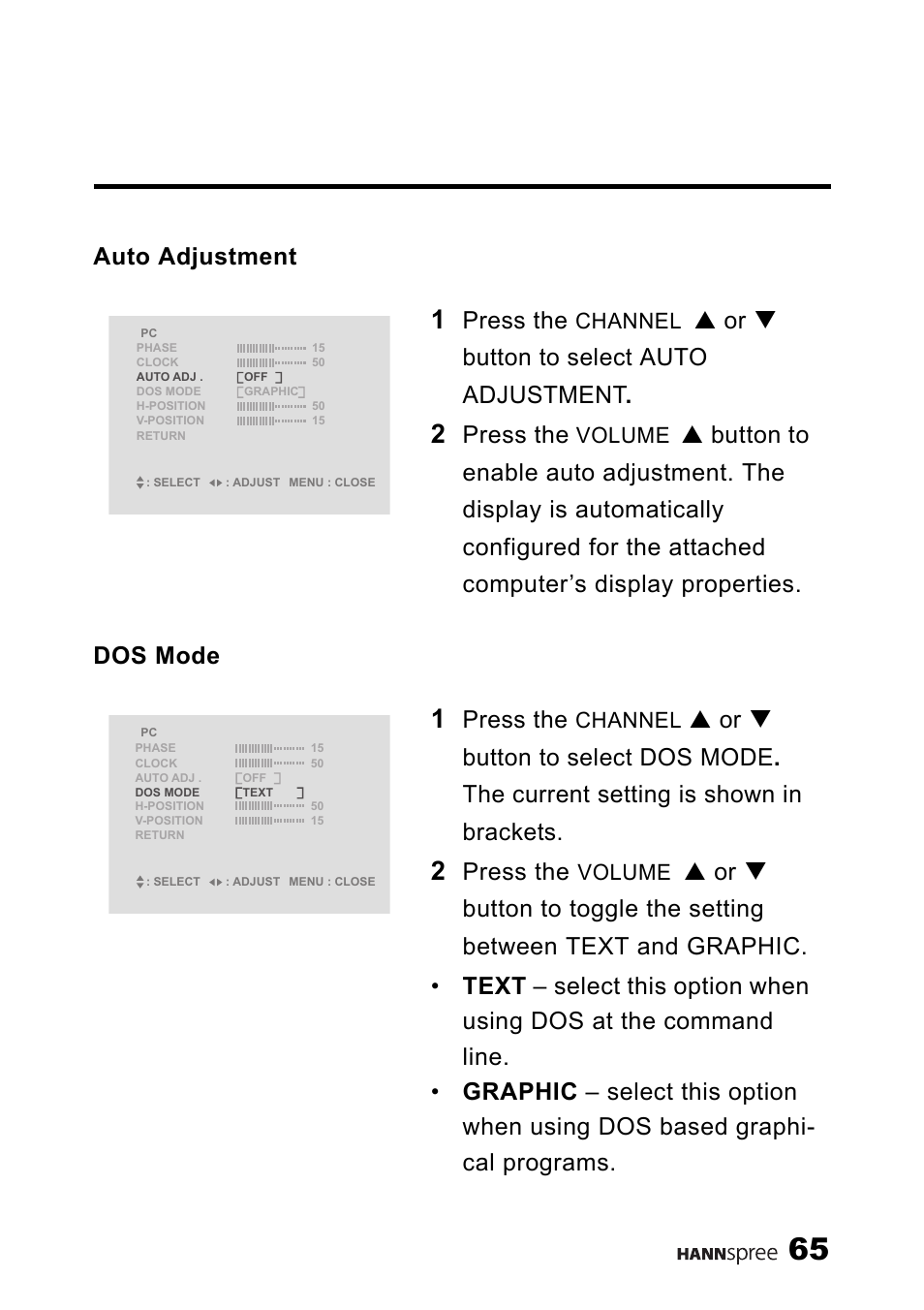 Auto adjustment, Dos mode, Auto adjustment dos mode | Press the, S or t button to select auto adjustment, Channel, Volume | HANNspree LT13-23A1 User Manual | Page 66 / 81