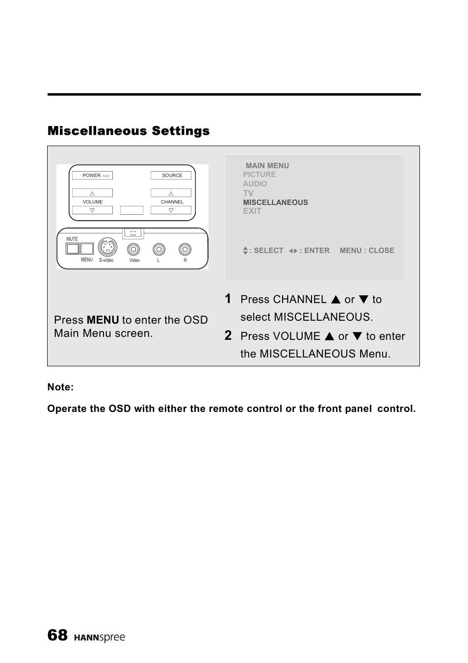 Miscellaneous settings, Press menu to enter the osd main menu screen, Press channel s or t to select miscellaneous | HANNspree LT13-23A1 User Manual | Page 69 / 81