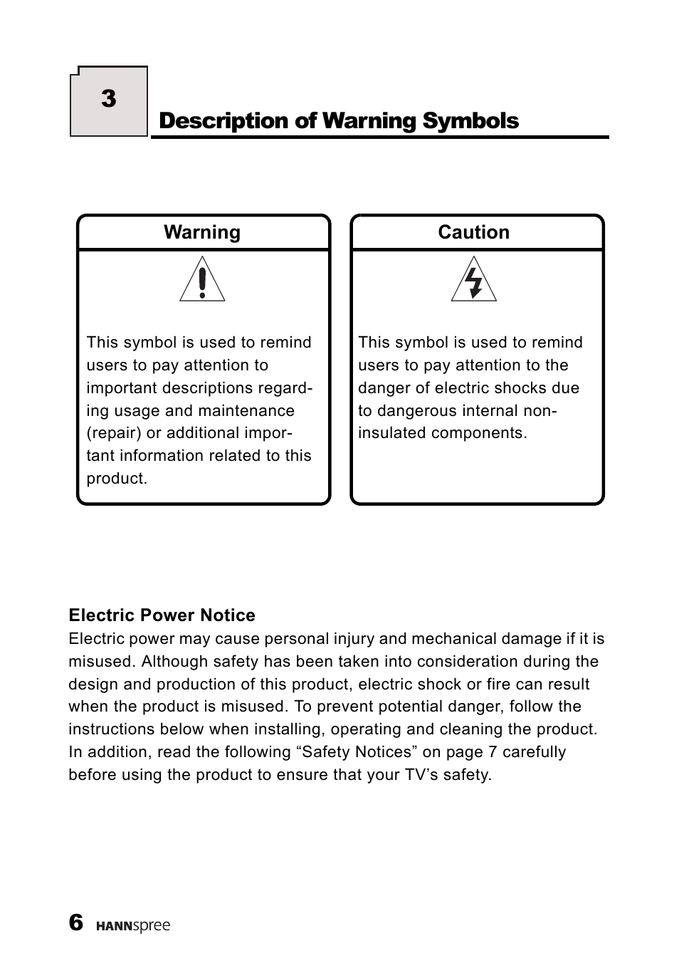 Description of warning symbols | HANNspree LT13-23A1 User Manual | Page 7 / 81