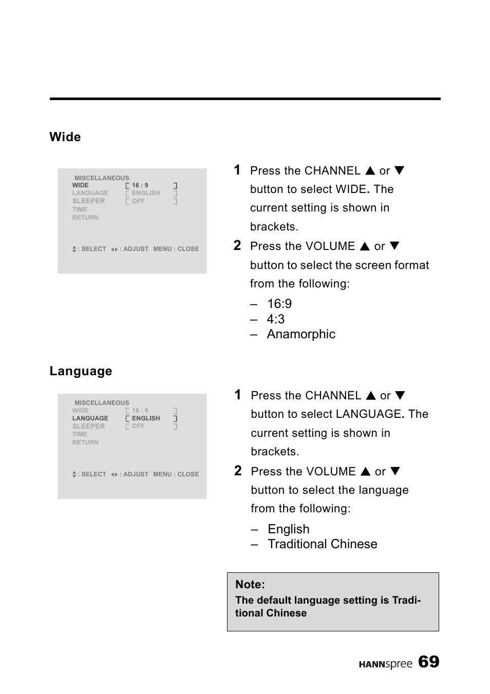 Wide, Language, Wide language | 9 – 4:3 – anamorphic, English – traditional chinese | HANNspree LT13-23A1 User Manual | Page 70 / 81