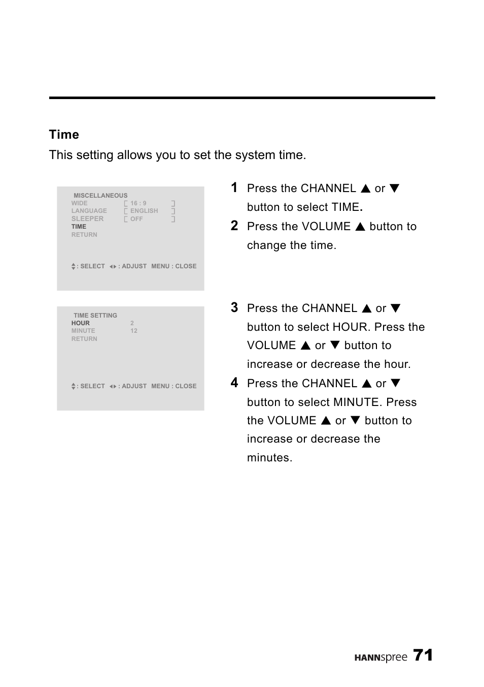 Time, Press the channel s or t button to select time, Press the volume s button to change the time | HANNspree LT13-23A1 User Manual | Page 72 / 81