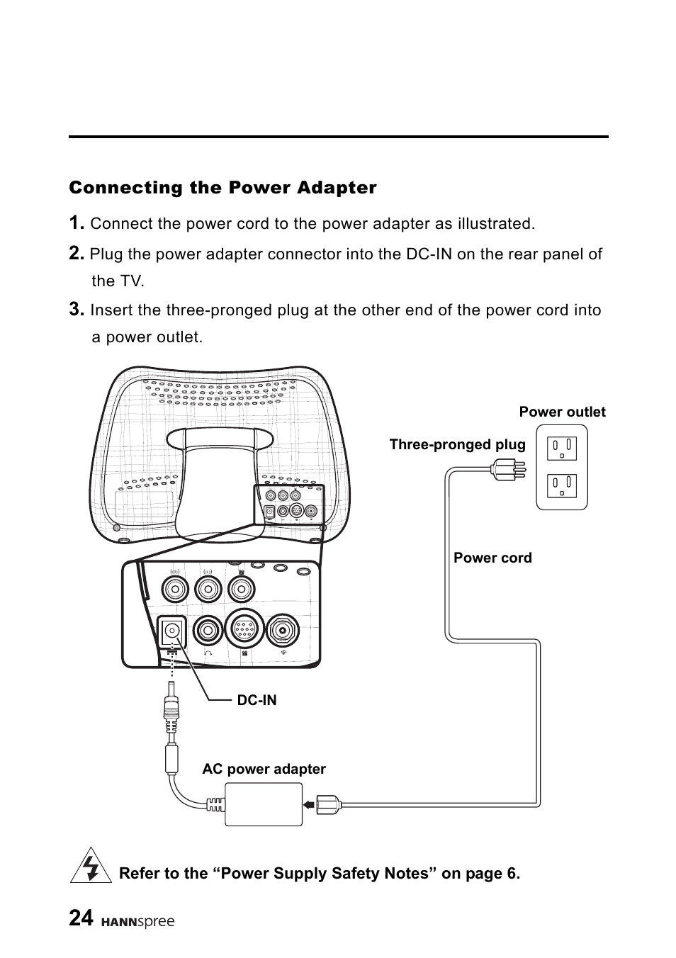 Connecting the power adapter | HANNspree DT06-10A1 User Manual | Page 25 / 59