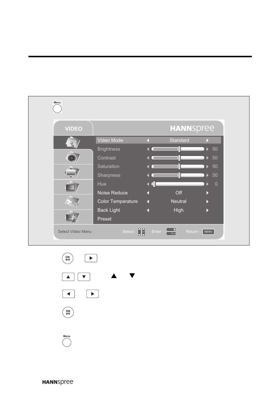 2 adjusting video settings, Press to enter the osd main menu screen, Press or to enter the video menu | Press or ch s/ ch t button to select an option, Press or to change the mode setting, Press to exit the video menu | HANNspree MAK-000050 User Manual | Page 73 / 101