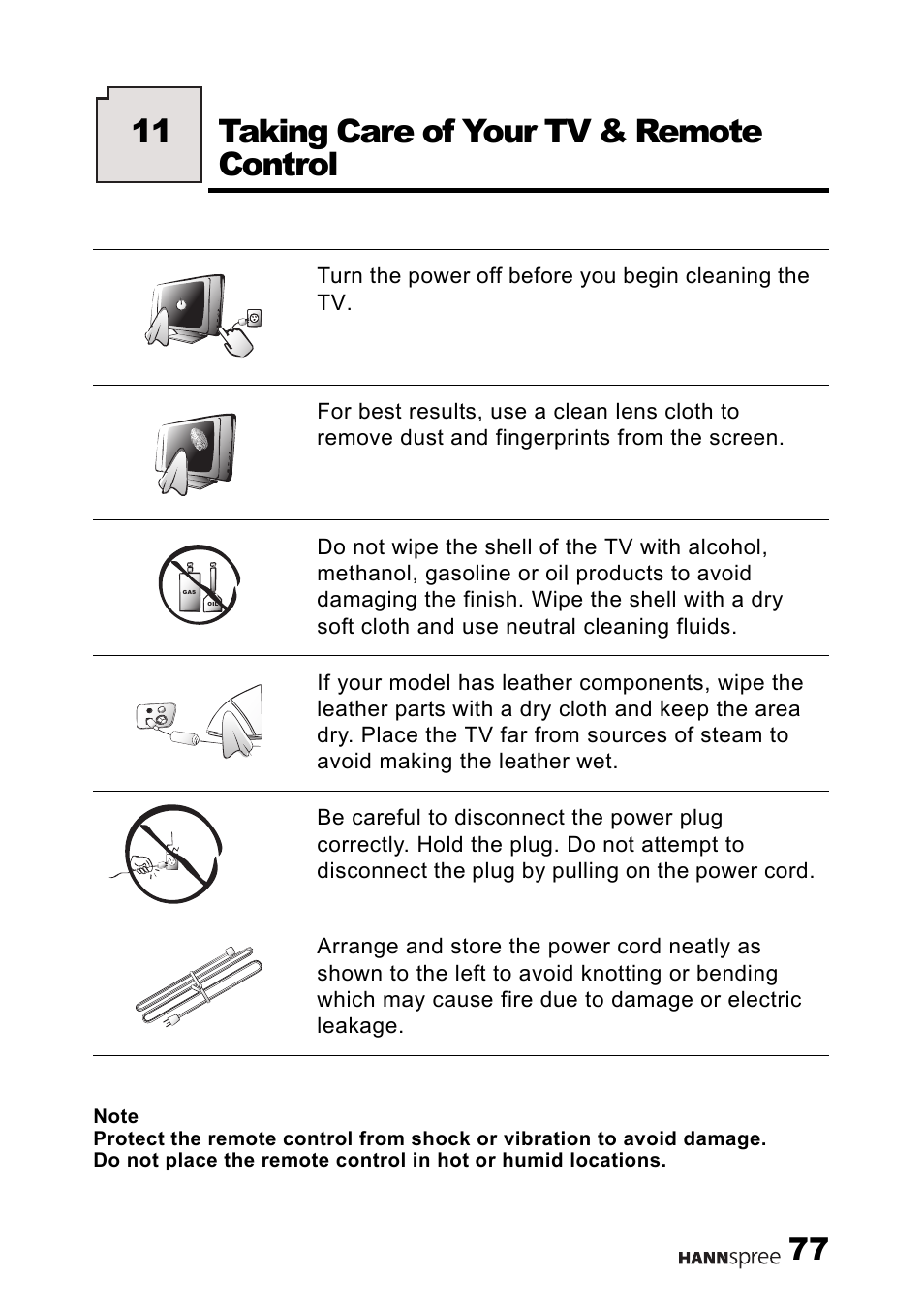 Taking care of your tv & remote control, 11 taking care of your tv & remote control | HANNspree LT0B-15U1-000 User Manual | Page 78 / 85