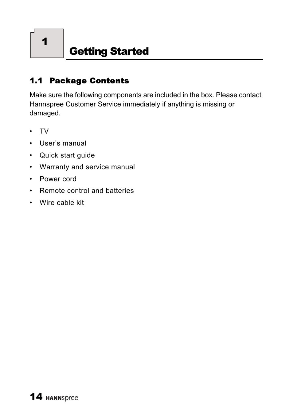 1 package contents, Getting started, 1getting started | HANNspree MAK-000039 User Manual | Page 15 / 65