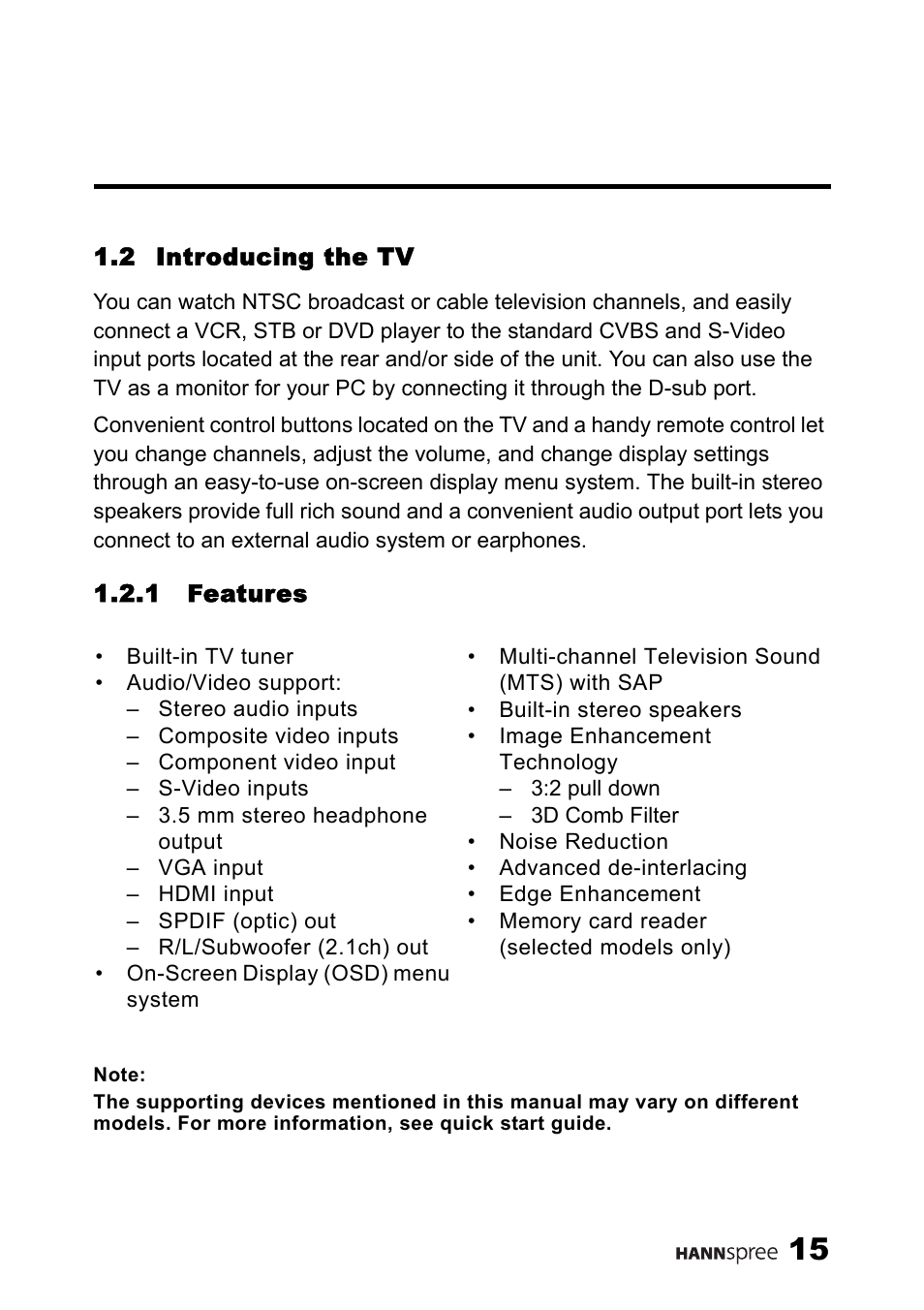 2 introducing the tv, 1 features | HANNspree MAK-000039 User Manual | Page 16 / 65