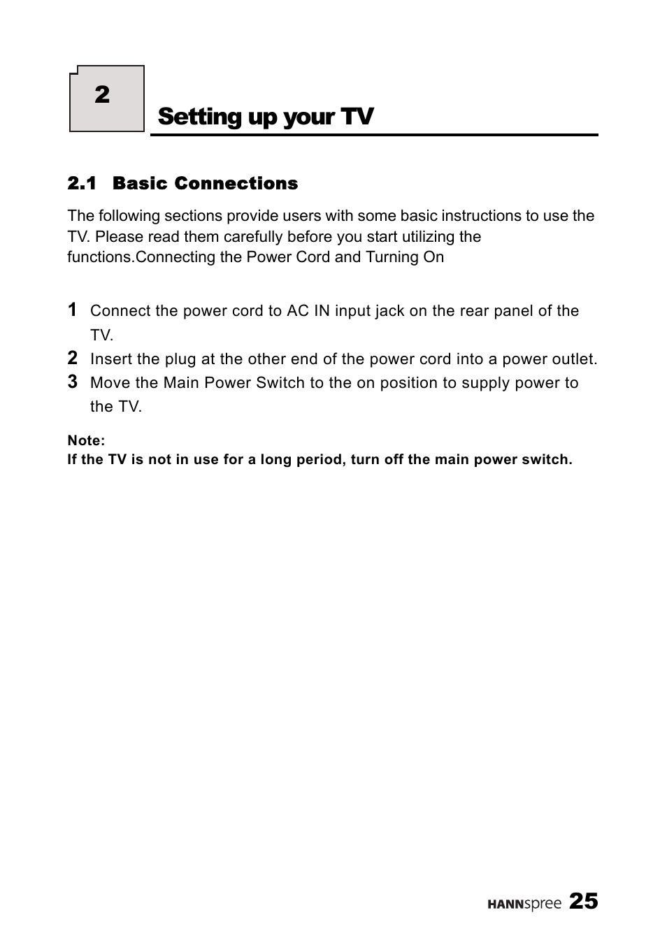 1 basic connections, Setting up your tv, 2setting up your tv | HANNspree MAK-000039 User Manual | Page 26 / 65