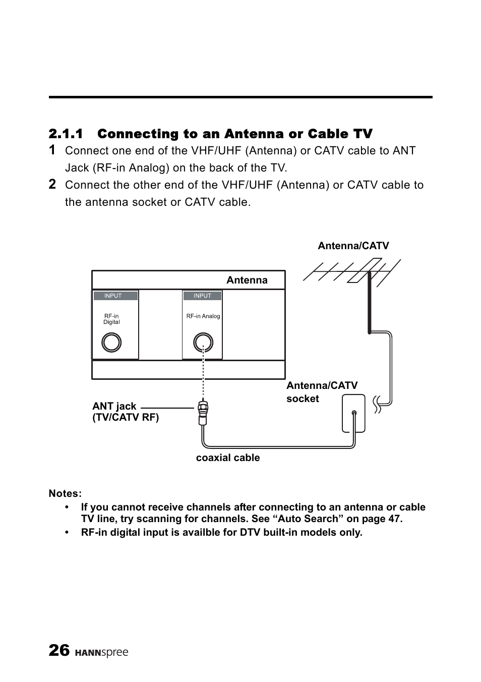 1 connecting to an antenna or cable tv, Connecting to an antenna or cable tv | HANNspree MAK-000039 User Manual | Page 27 / 65