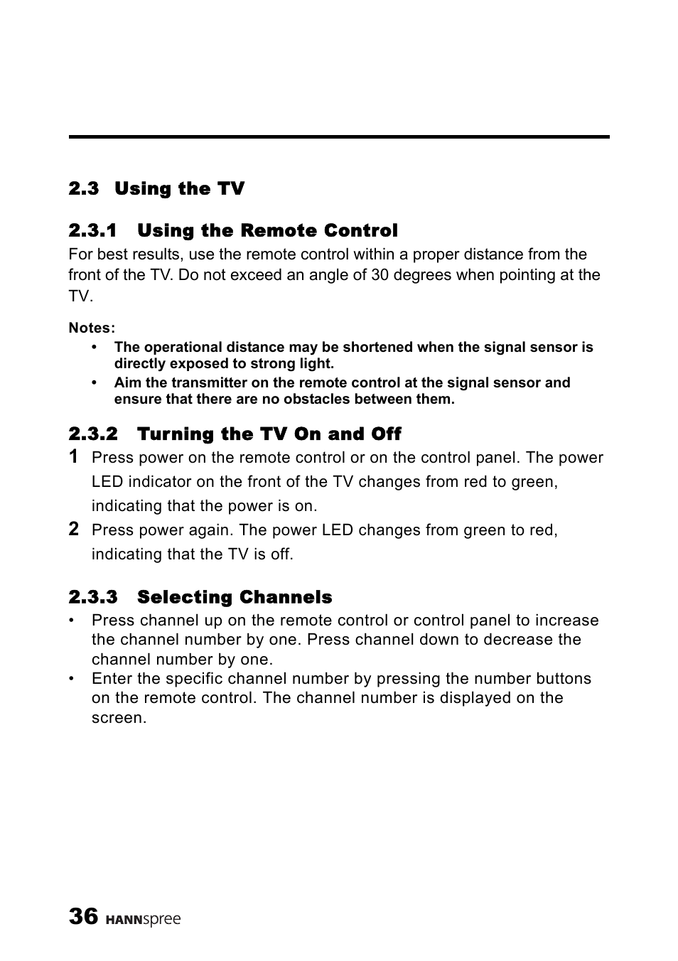 3 using the tv, 1 using the remote control, 2 turning the tv on and off | 3 selecting channels, Using the remote control, Turning the tv on and off, Selecting channels | HANNspree MAK-000039 User Manual | Page 37 / 65