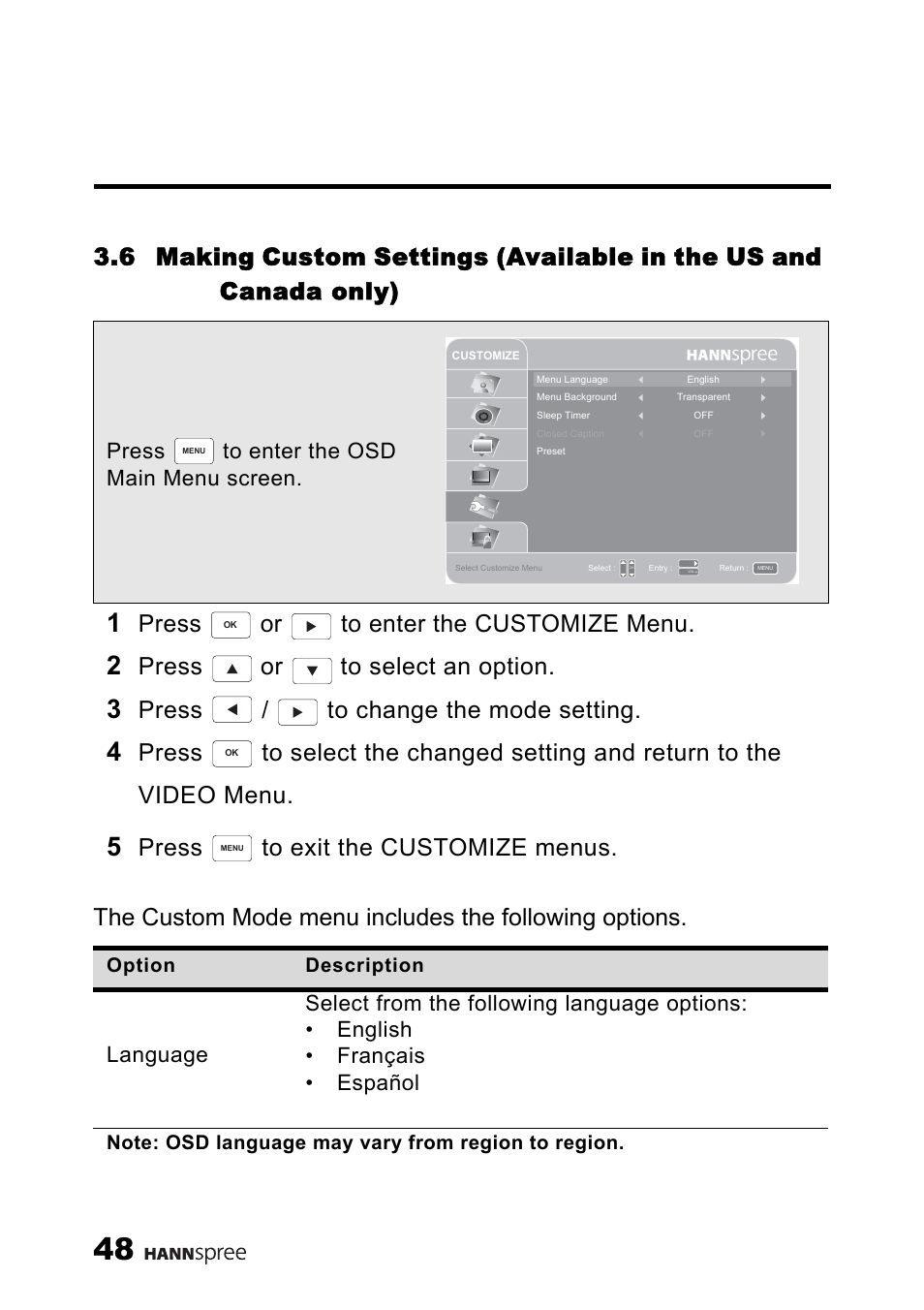 6 making custom settings, Available in the us and canada only), Press or to enter the customize menu | Press or to select an option, Press / to change the mode setting, Press to exit the customize menus, Press to enter the osd main menu screen | HANNspree MAK-000039 User Manual | Page 49 / 65