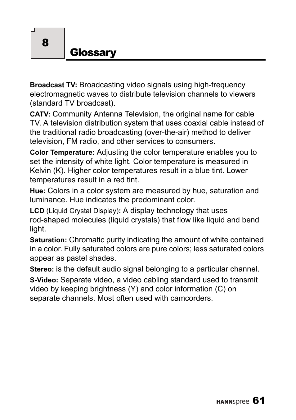 Glossary, 8glossary | HANNspree MAK-000039 User Manual | Page 62 / 65