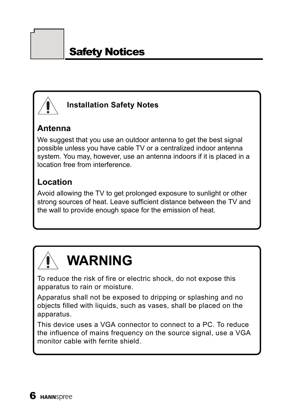 Safety notices, Warning | HANNspree MAK-000039 User Manual | Page 7 / 65