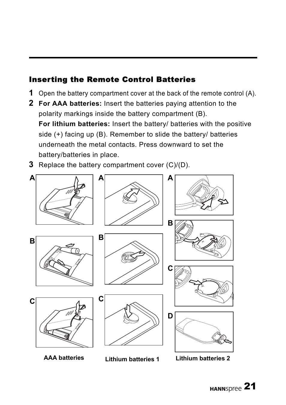 Inserting the remote control batteries | HANNspree MAK-000011 User Manual | Page 22 / 69