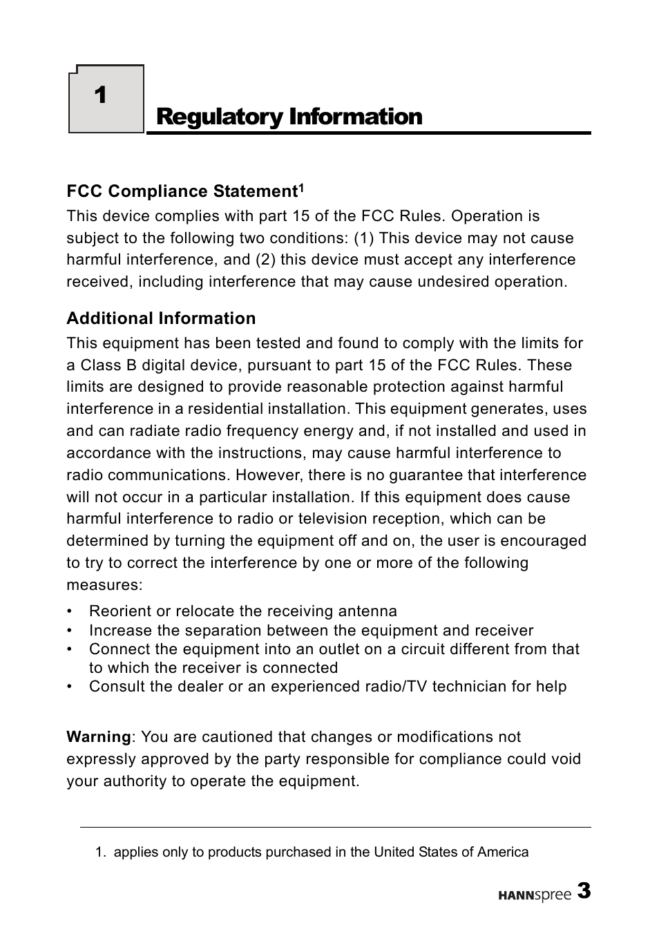 Regulatory information, 1regulatory information | HANNspree MAK-000011 User Manual | Page 4 / 69