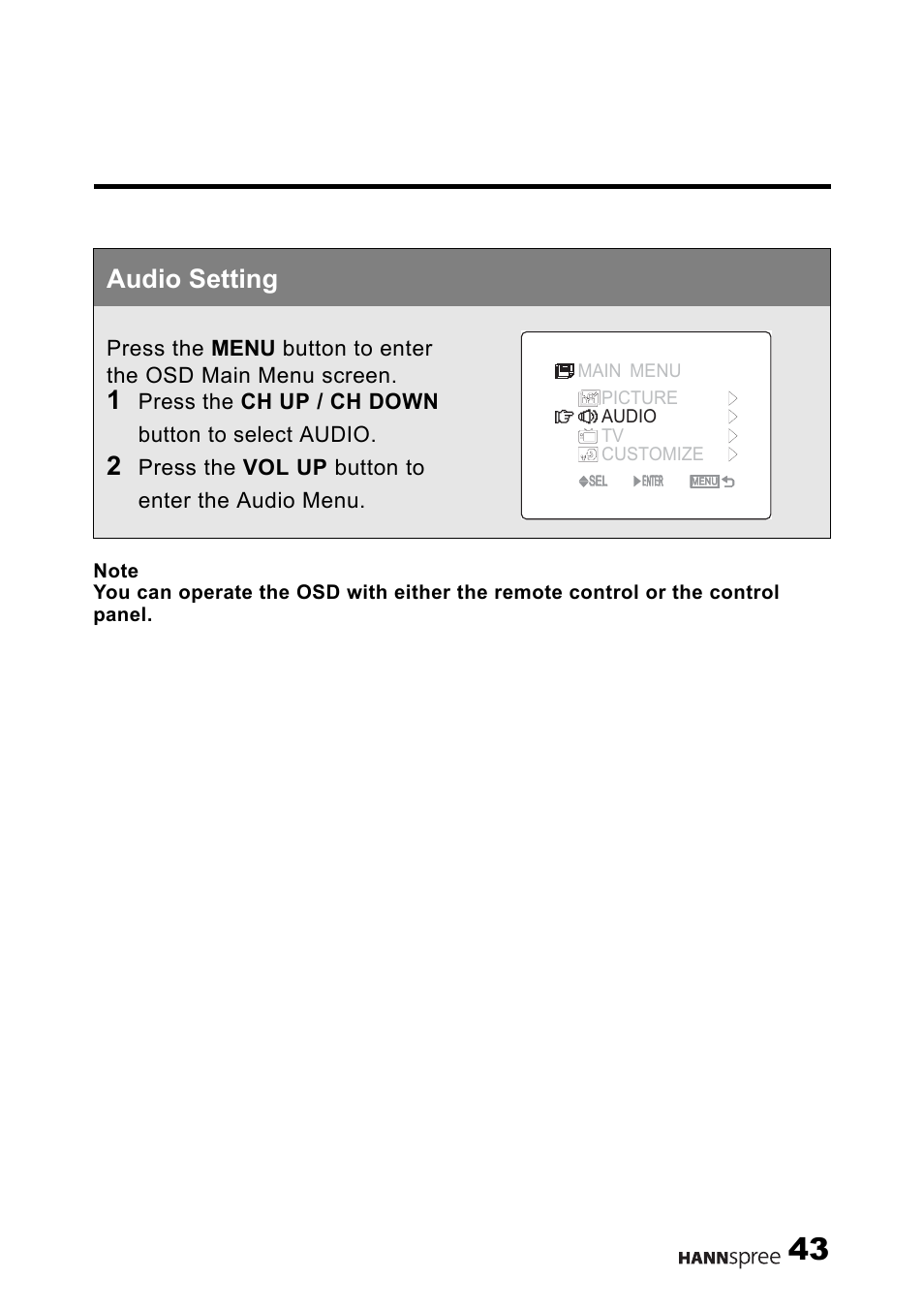 Audio setting, Press the ch up / ch down button to select audio, Press the vol up button to enter the audio menu | HANNspree MAK-000011 User Manual | Page 44 / 69