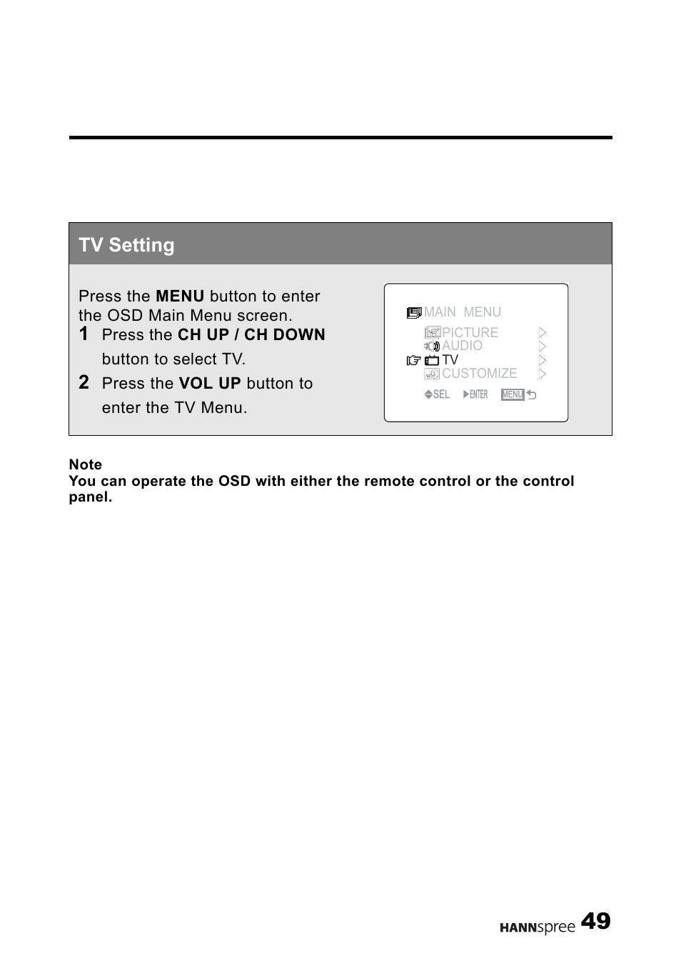 Tv setting, Press the ch up / ch down button to select tv, Press the vol up button to enter the tv menu | HANNspree MAK-000011 User Manual | Page 50 / 69