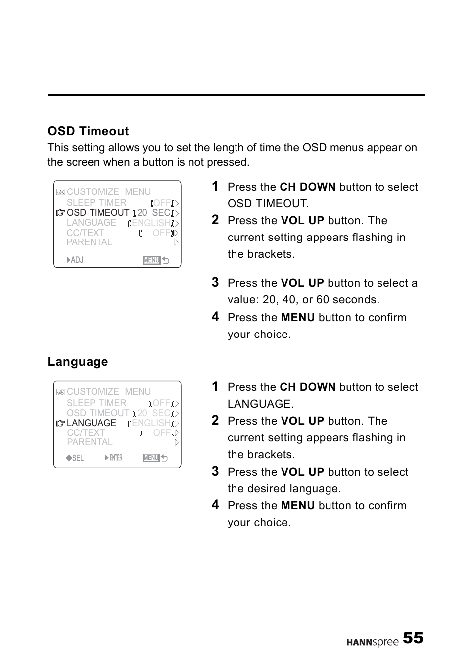 Osd timeout, Language | HANNspree MAK-000011 User Manual | Page 56 / 69